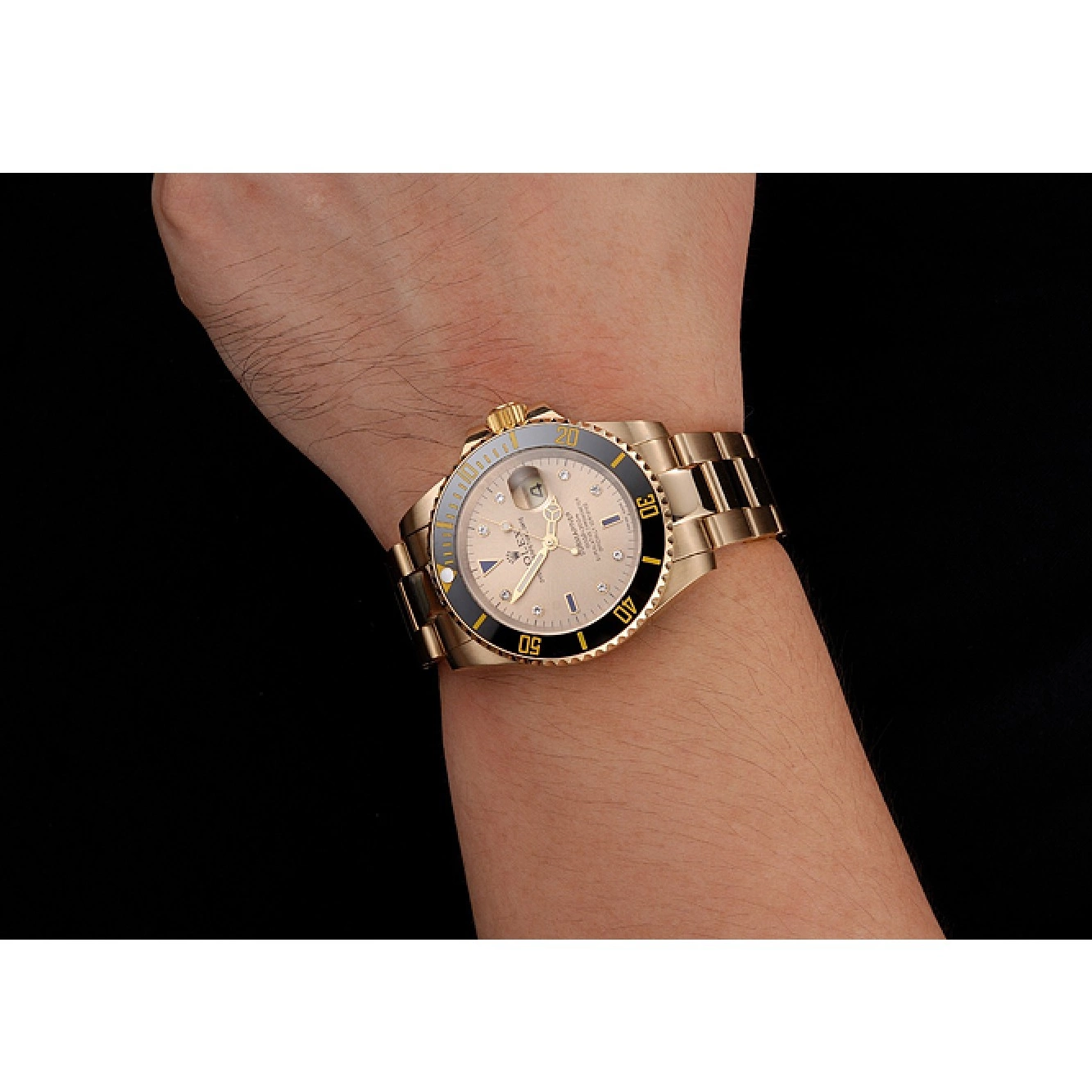Aaa replica watch Dial Yellow Bracelet Case Gold Diamond Black With Markings Submariner Gold Rolex And Swiss Bezel 0705